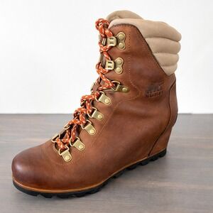 Sorel Conquest Wedge Boots Women 8 Brown Leather Distressed Lace Up Lug Sole